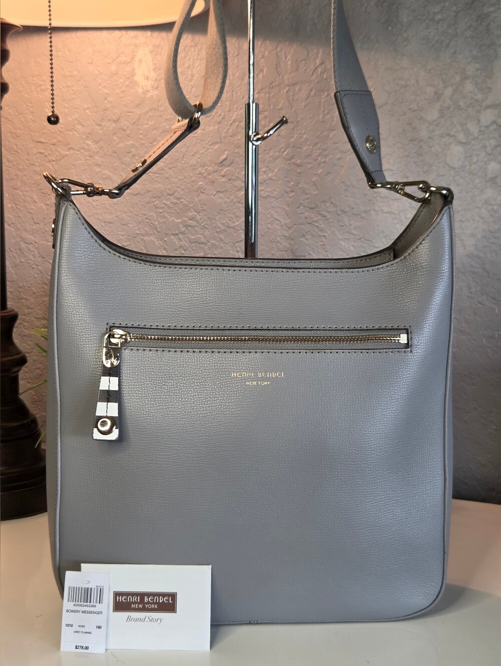 Henri Bendel Bowery Messenger Grey Flannel Leather Crossbody Bag EUC
